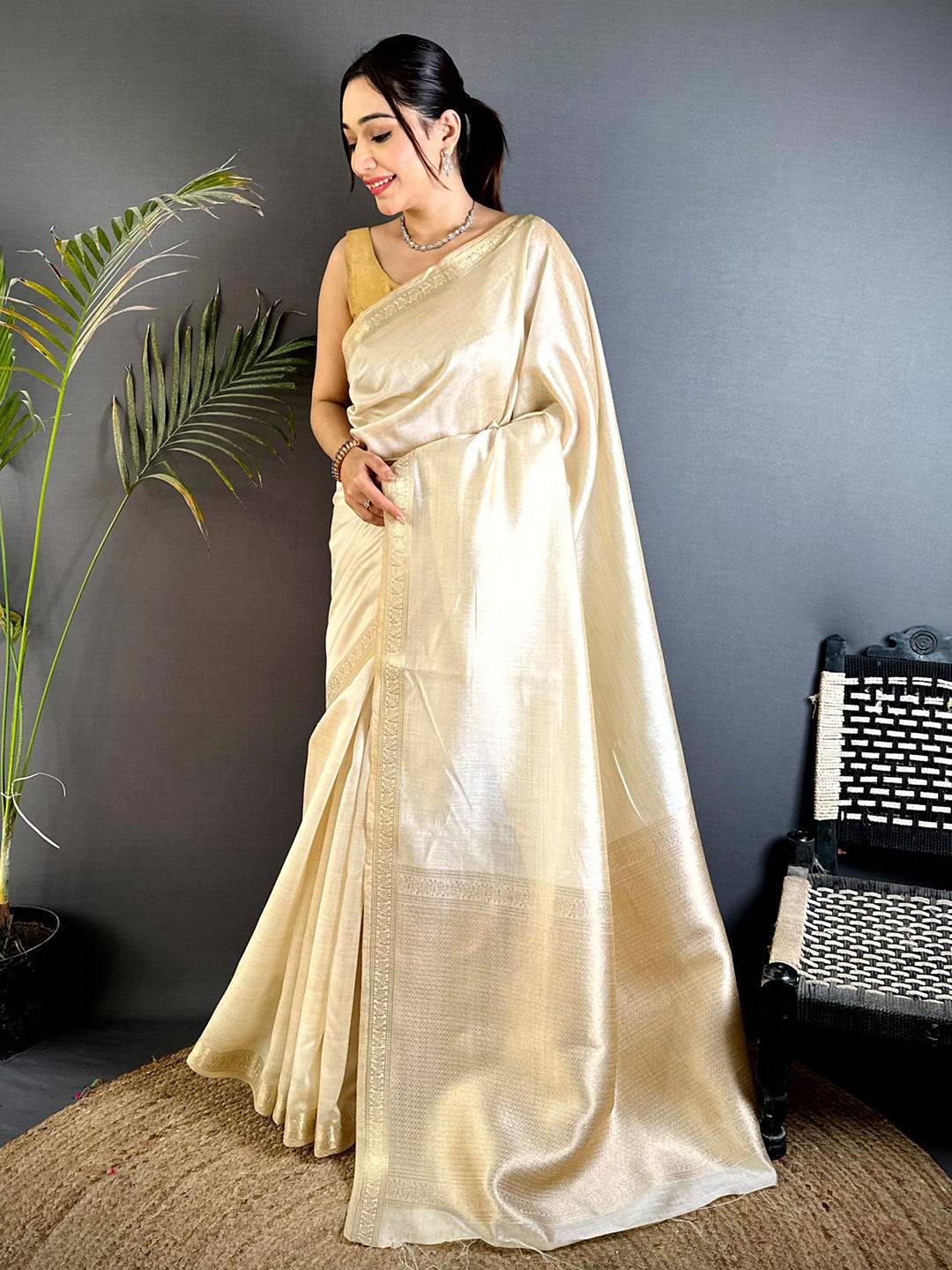 Classic Beige Saree With Gold Zari Border
