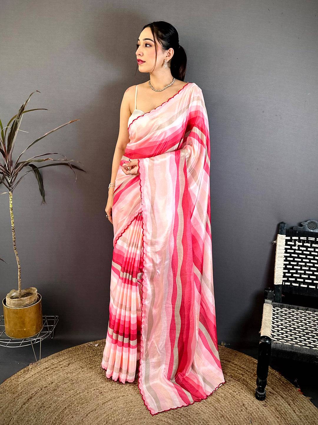 Vibrant Soft Chiffon Striped Cutwork Saree