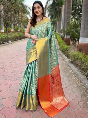 Rama Colour Gold Tissue Saree with Jacquard Woven Work