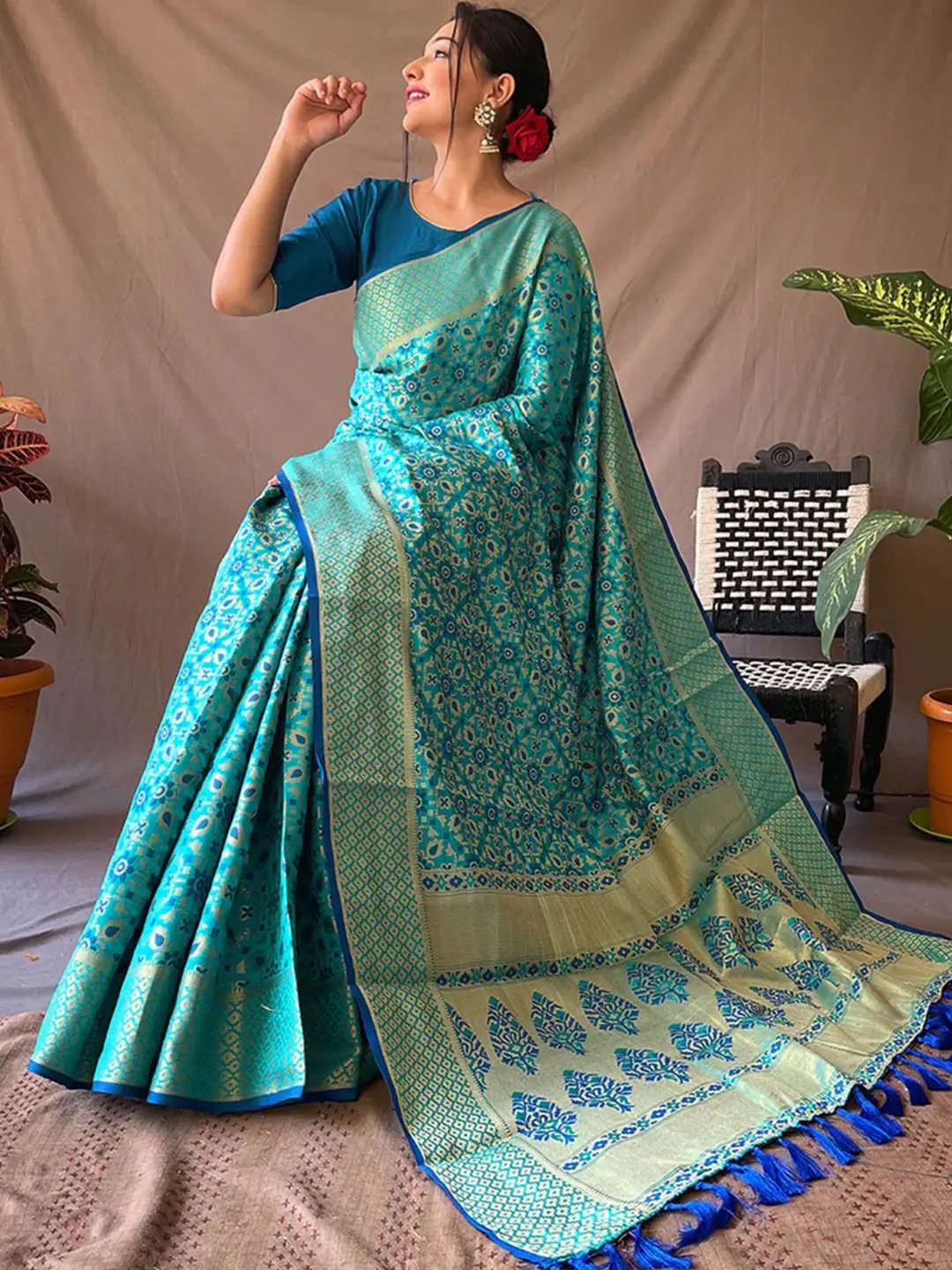 Cerulean Blue Rajkoti Patola Silk Zari Woven Saree