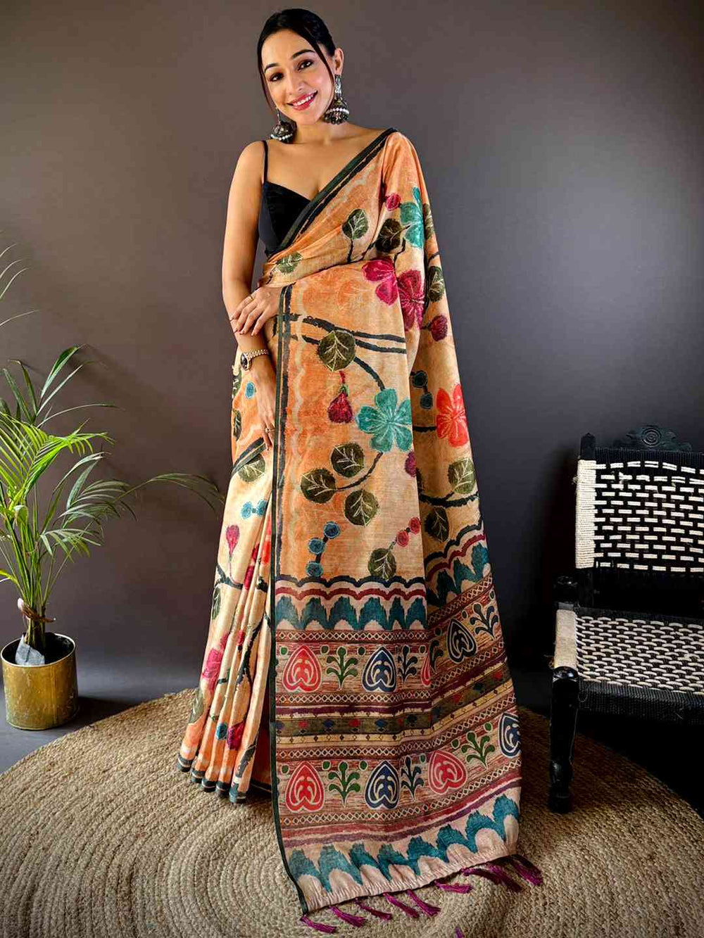 Light Peach Folklore Tissue Chanderi Saree