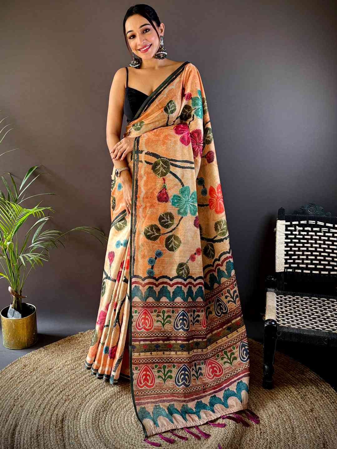 Light Peach Folklore Tissue Chanderi Saree