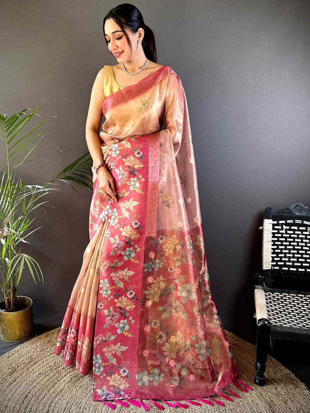 Red Tissue Digital Floral Saree