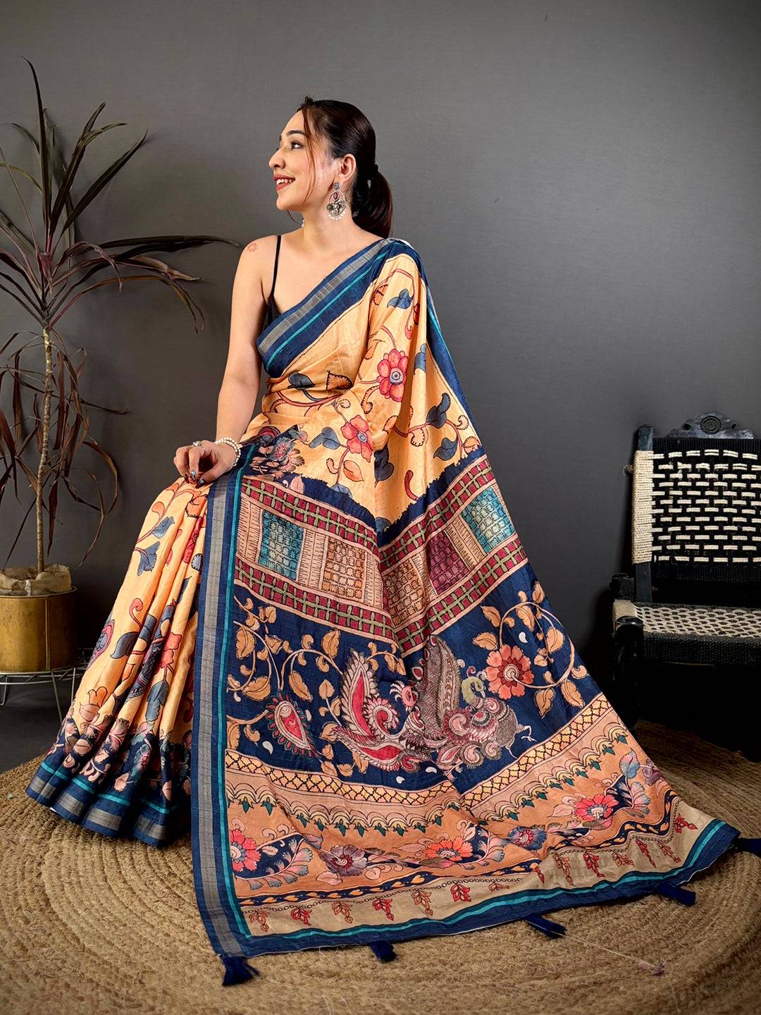 Radiant Bright Pen Kalamkari Tussar Saree