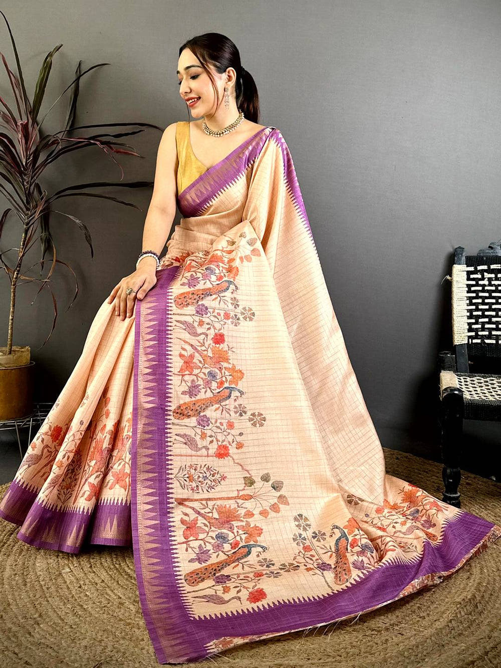 Cream Bird Motif Soft Tussar Saree