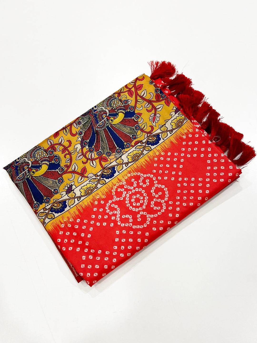 Rose Red Bandhej Printed Banarasi Saree