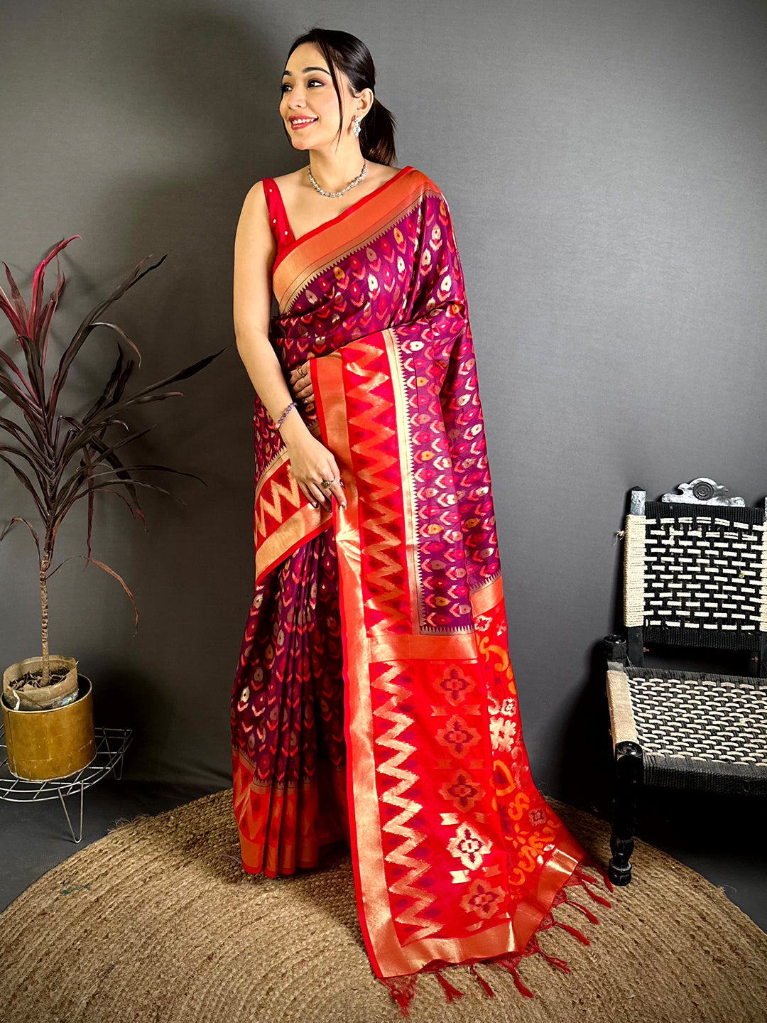 Maroon Double Ikkat Soft Silk Saree