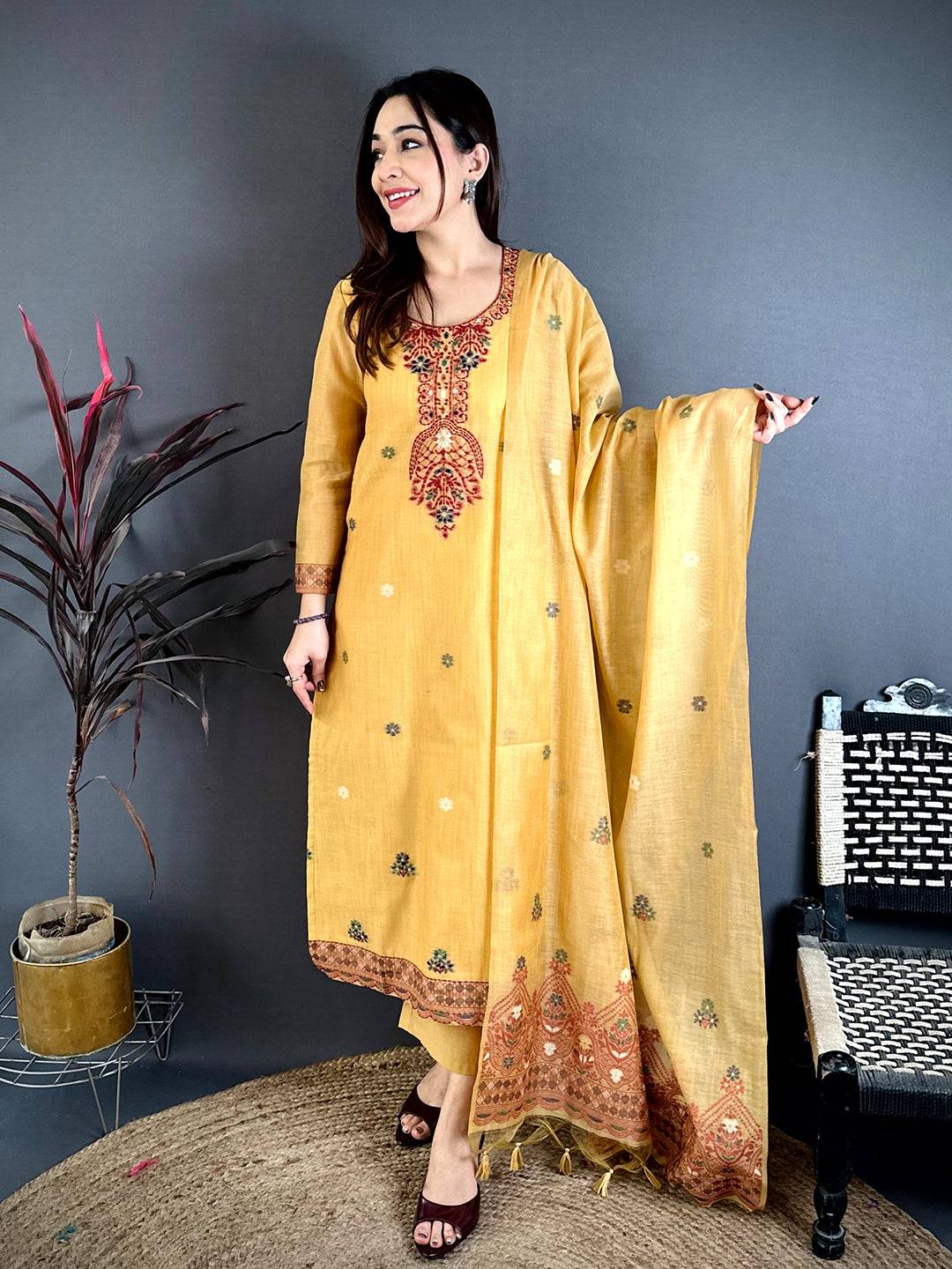 Mustard Grace Hand Embroidered Suit Set