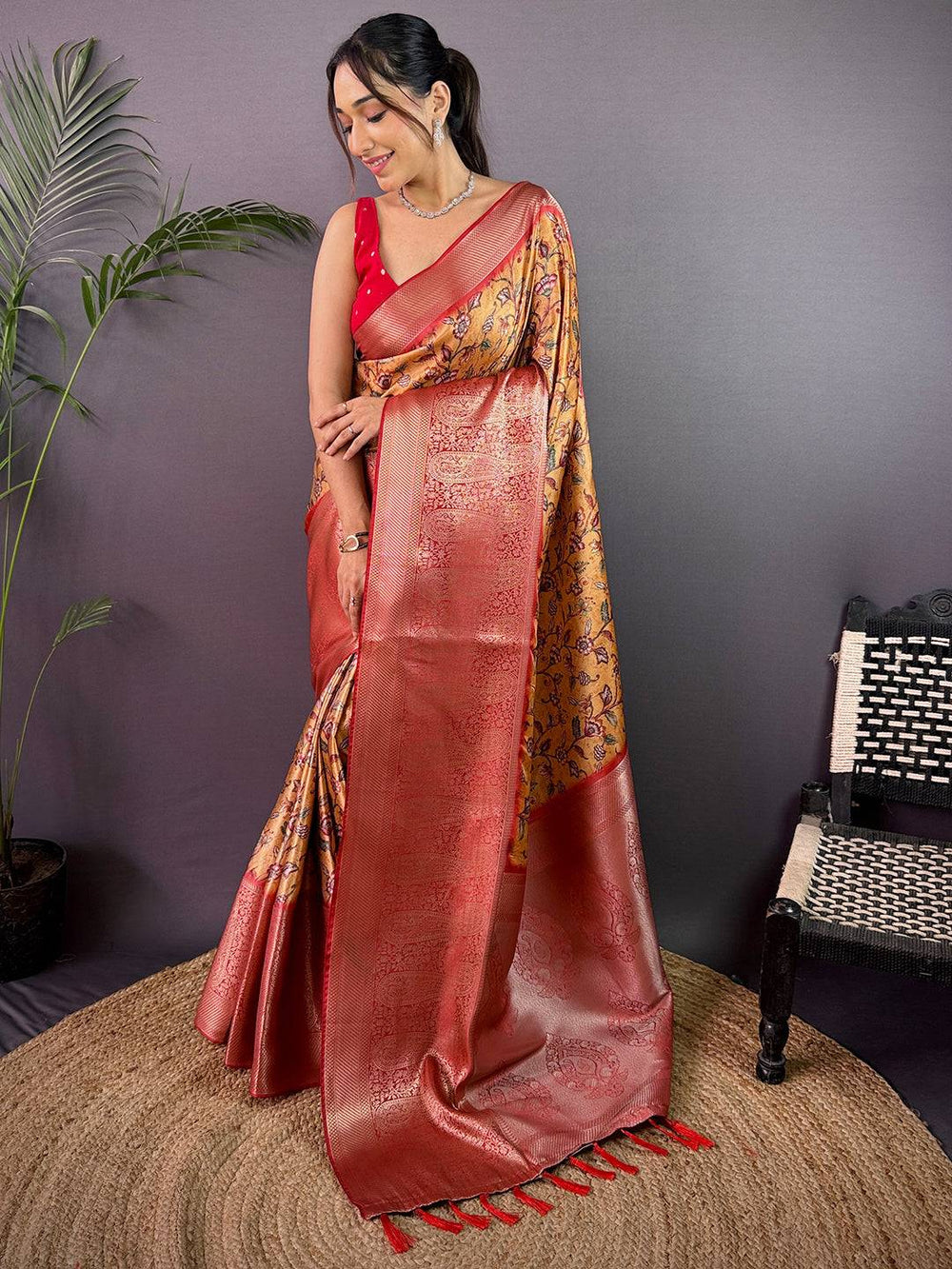 Mustard Yellow Cherry Satin Kalamkari Saree