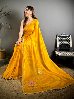 Yellow Embroidered Butta Satin Zari Saree