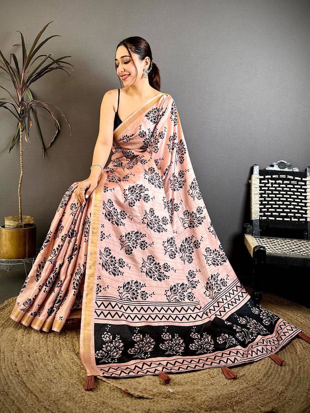Soft Tussar Ghicha Black Floral Print Saree