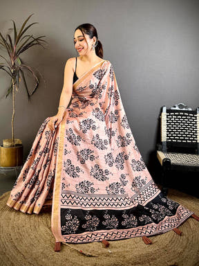 Soft Tussar Ghicha Black Floral Print Saree