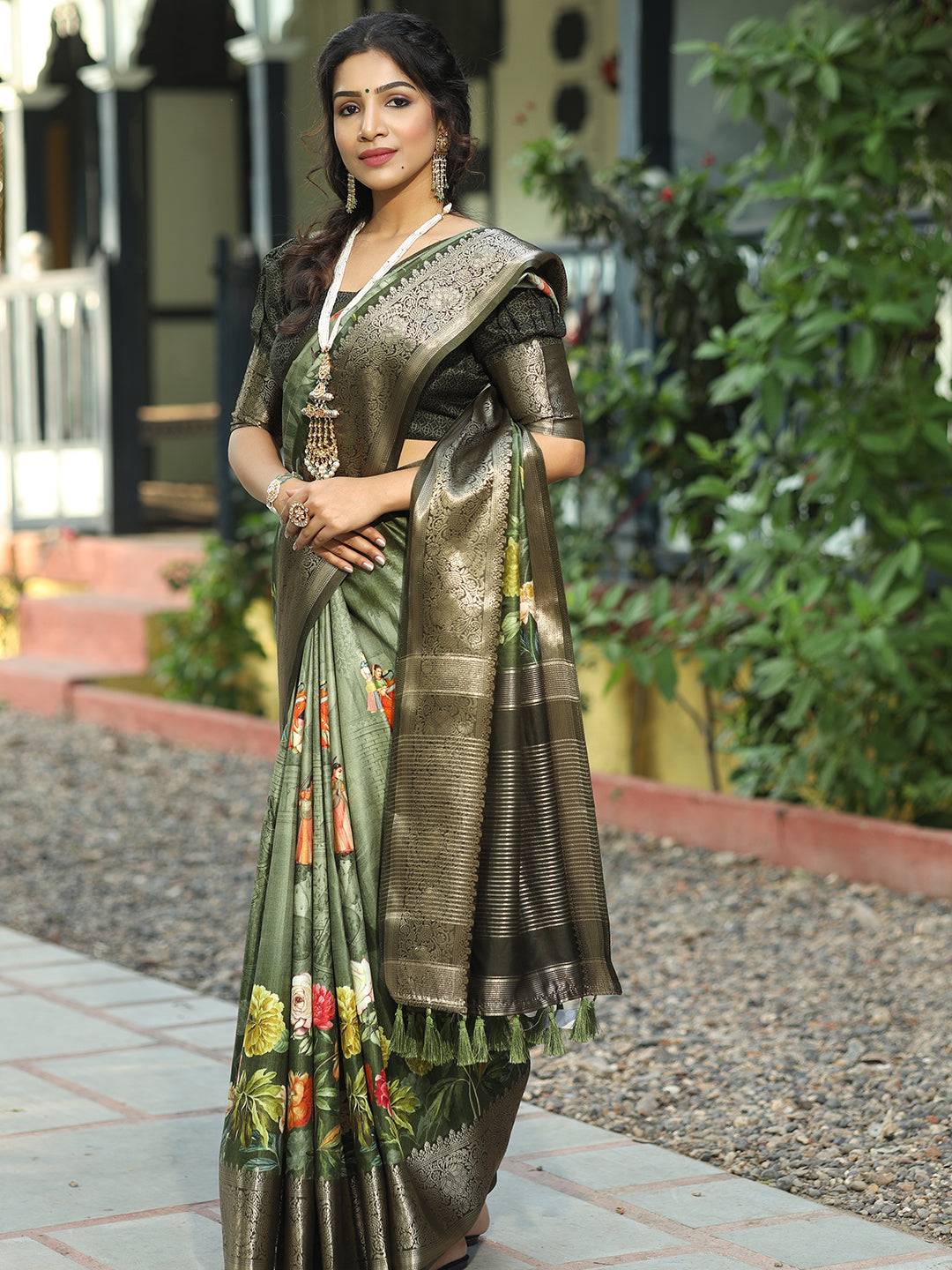 Dark Green Colour Pure Viscose Dola Silk Floral Print Saree