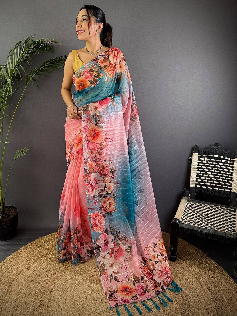 Light Pink Soft Organza Digital Floral Saree