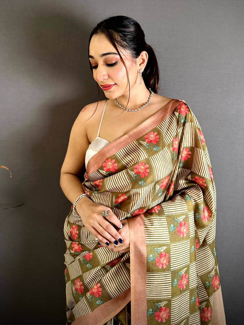 Soft Tussar Striped Check Print Saree