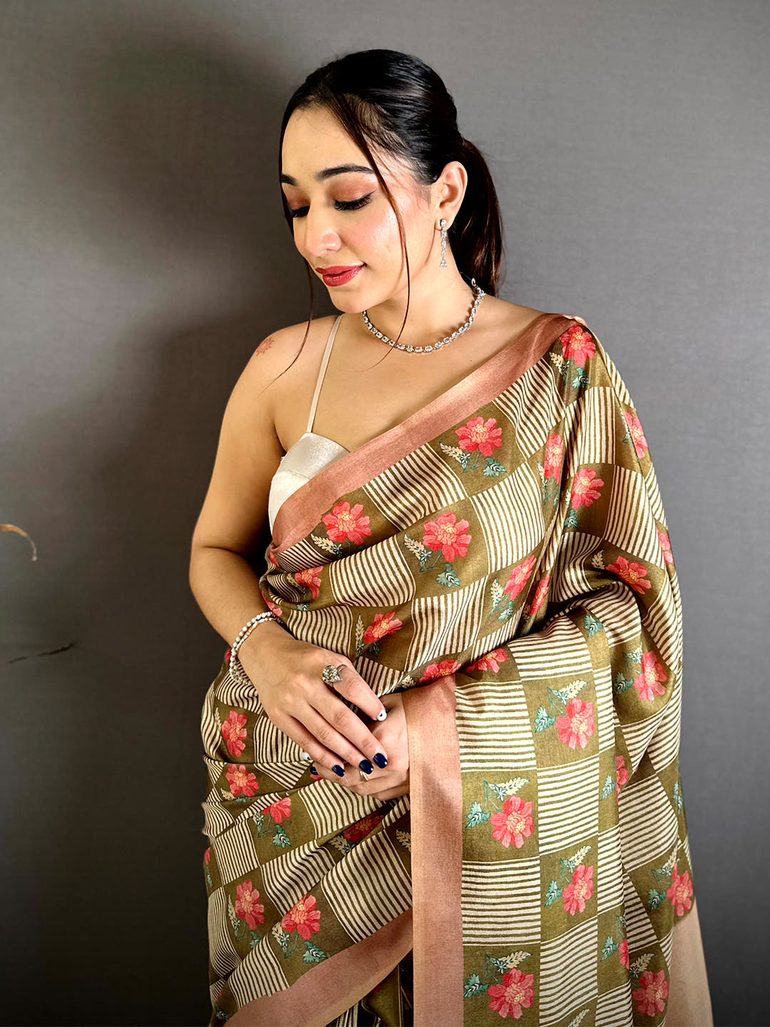 Soft Tussar Striped Check Print Saree
