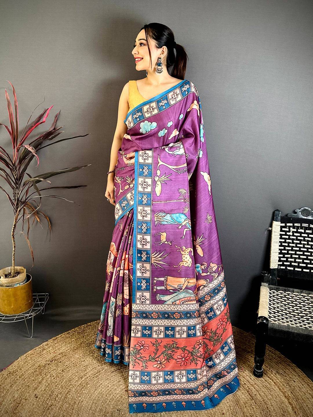 Wine Elegance Kalamkari Tussar Saree