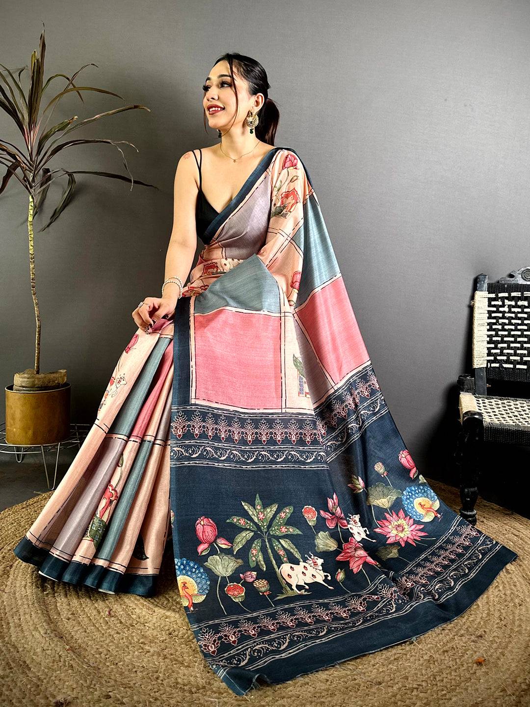 Radiance Tussar Contrast Kalamkari Pallu Saree