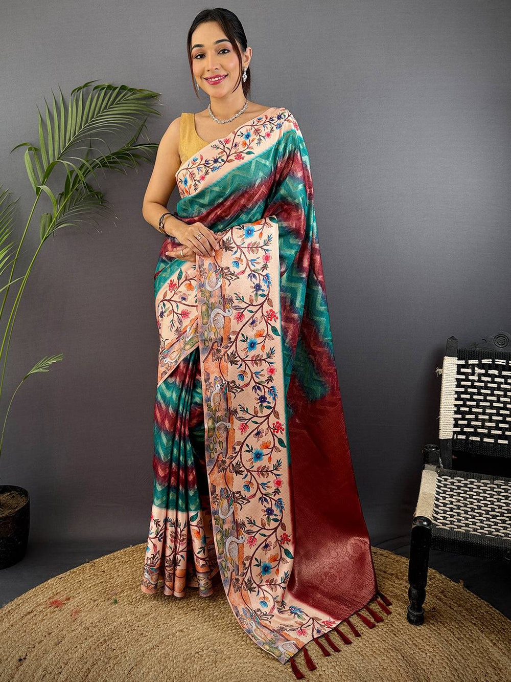 Teal Blue Madhubani Print Soft Silk Saree