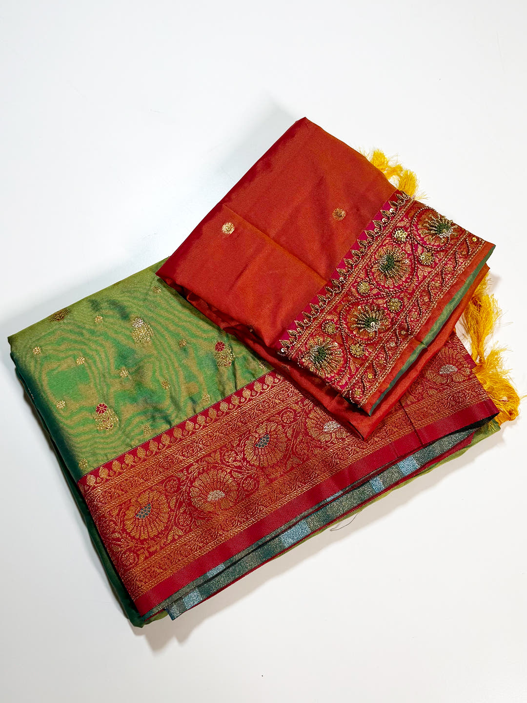 Green Minakari Butti Zari Tissue Saree With Maggam Blouse