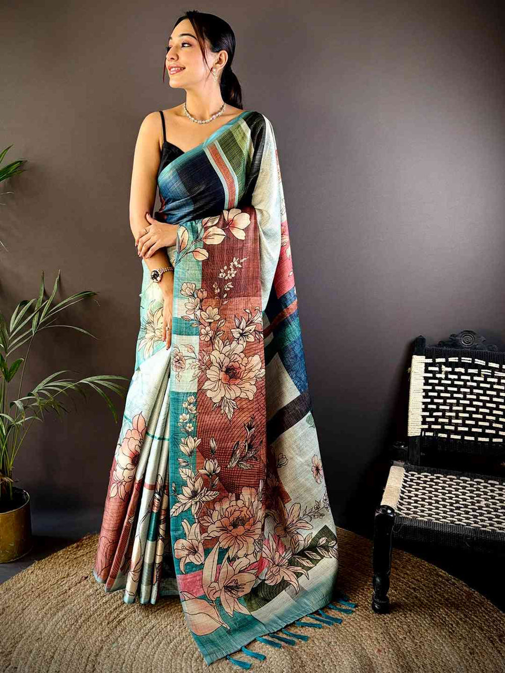 Multi Tussar Zari Floral Saree