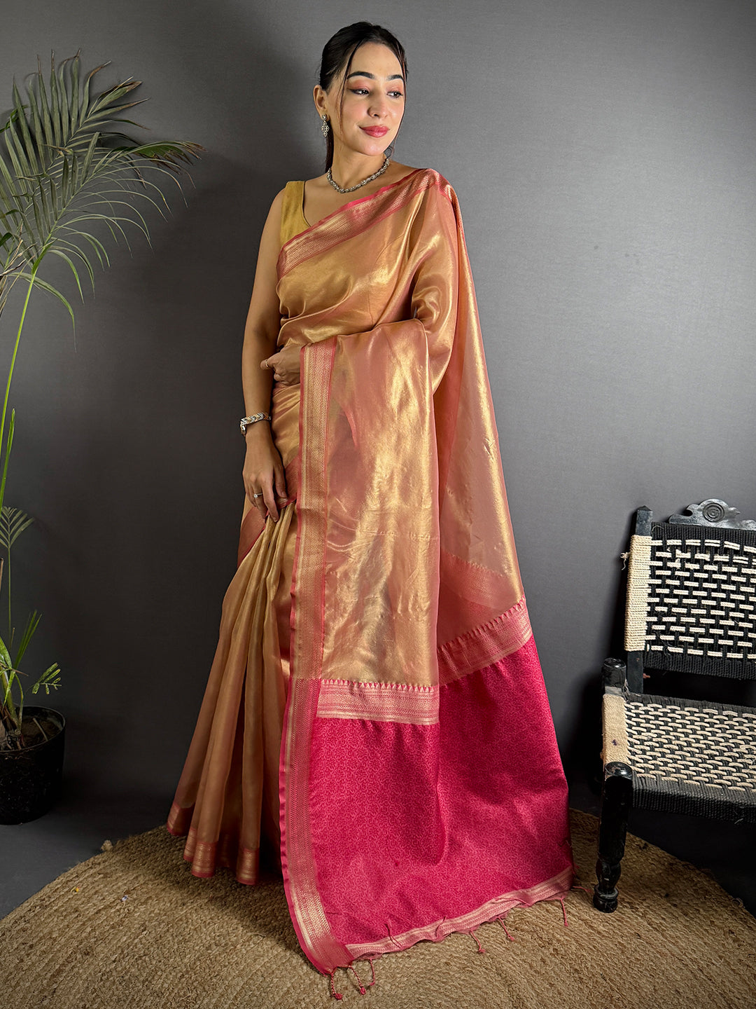 Radiant Pink Gold Zari Tissue Saree