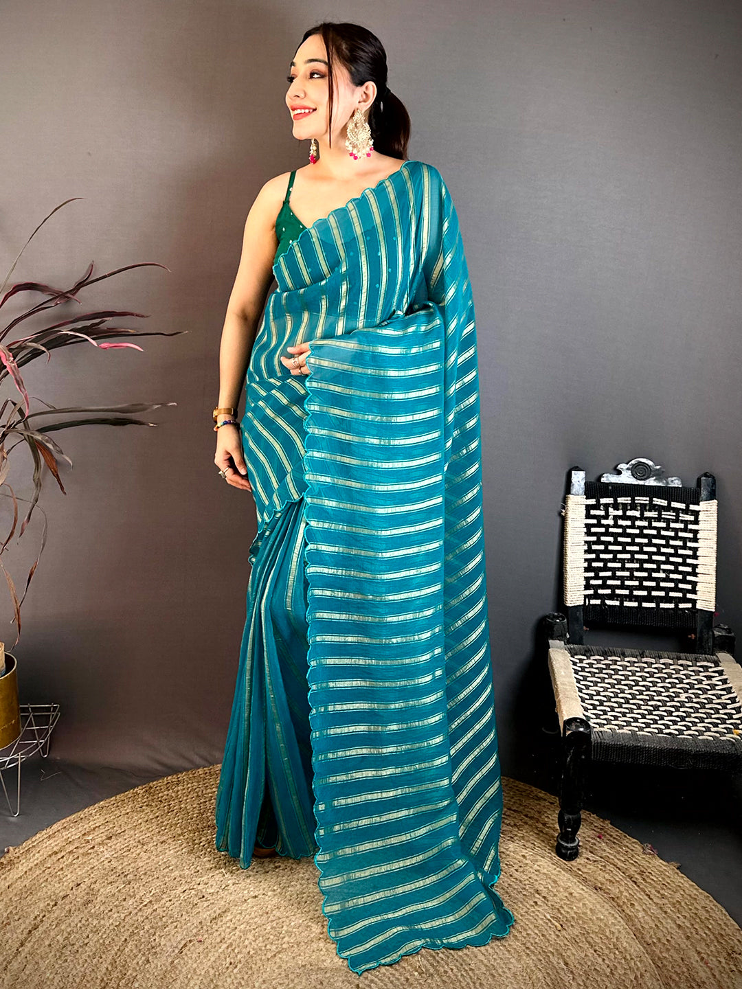 Rama Gold Zari Stripe Chiffon Saree