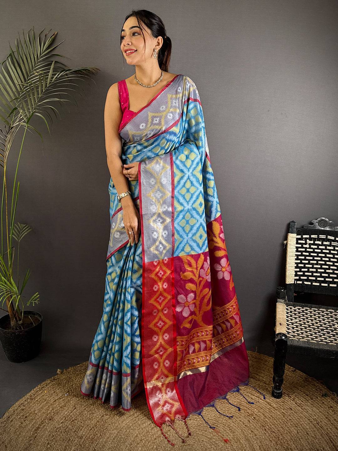 Multi Temple Ikkat Soft Silk Saree

