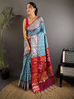 Multi Temple Ikkat Soft Silk Saree

