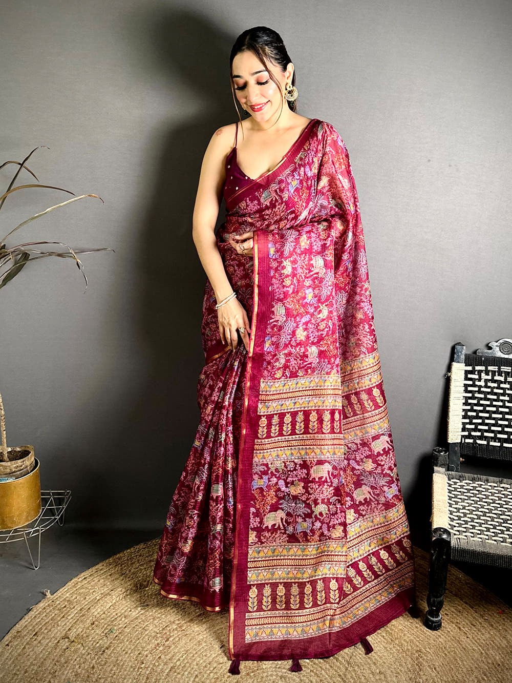 Wine Kota Doriya Kalamkari Print Saree