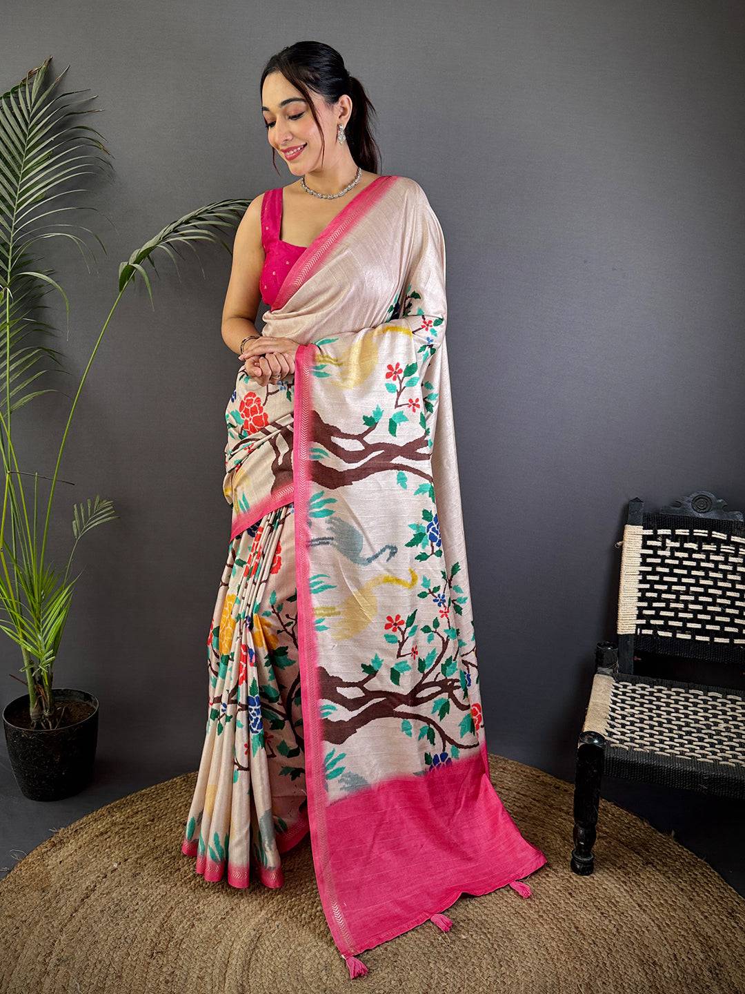 White Floral Ikat Tussar Ghicha Silk Saree

