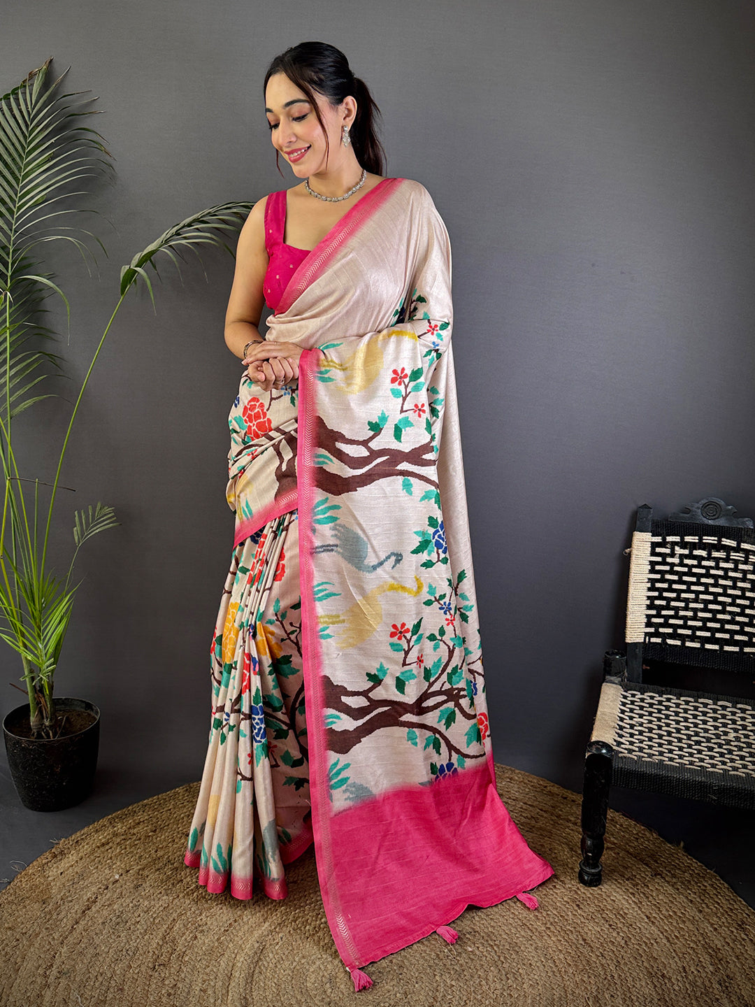 White Floral Ikat Tussar Ghicha Silk Saree