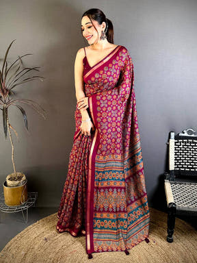 Wine Mul Cotton Ajrak Vintage Print Saree