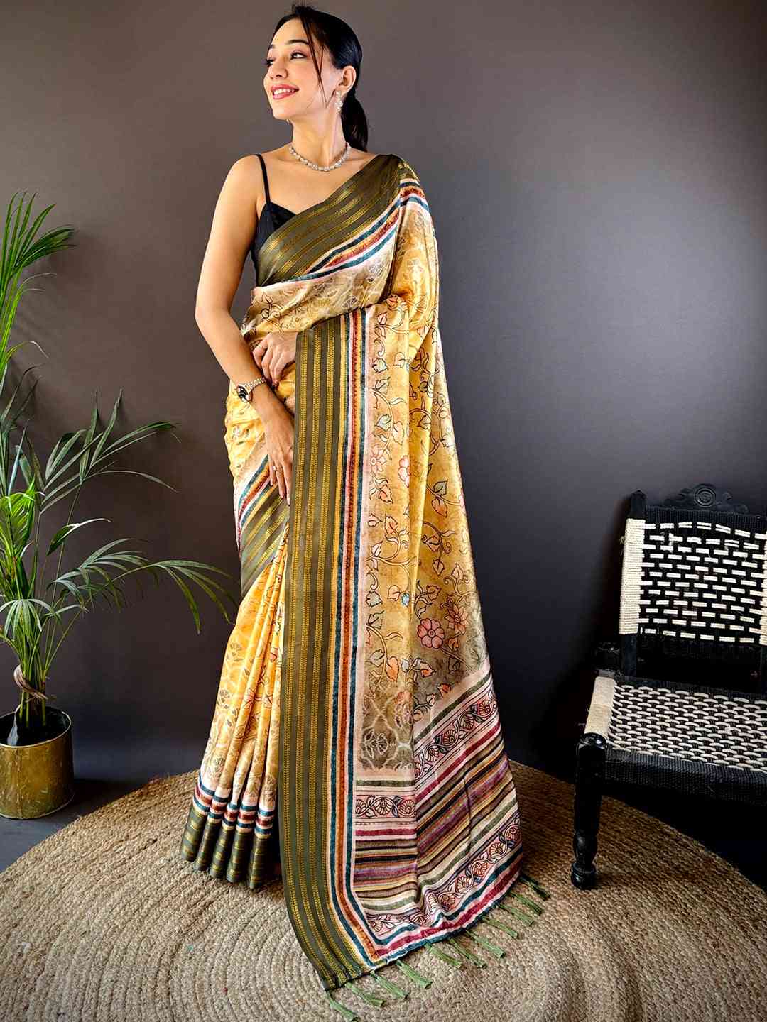 French Beige Kalamkari Floral Printed Silk Saree