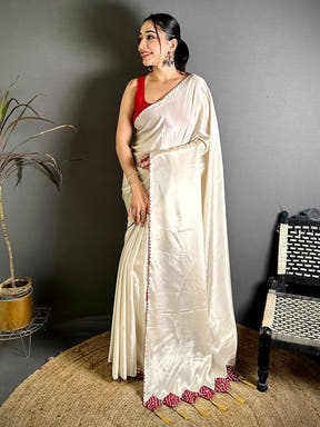 White Vichitra Real Mirror Work Tassel Saree