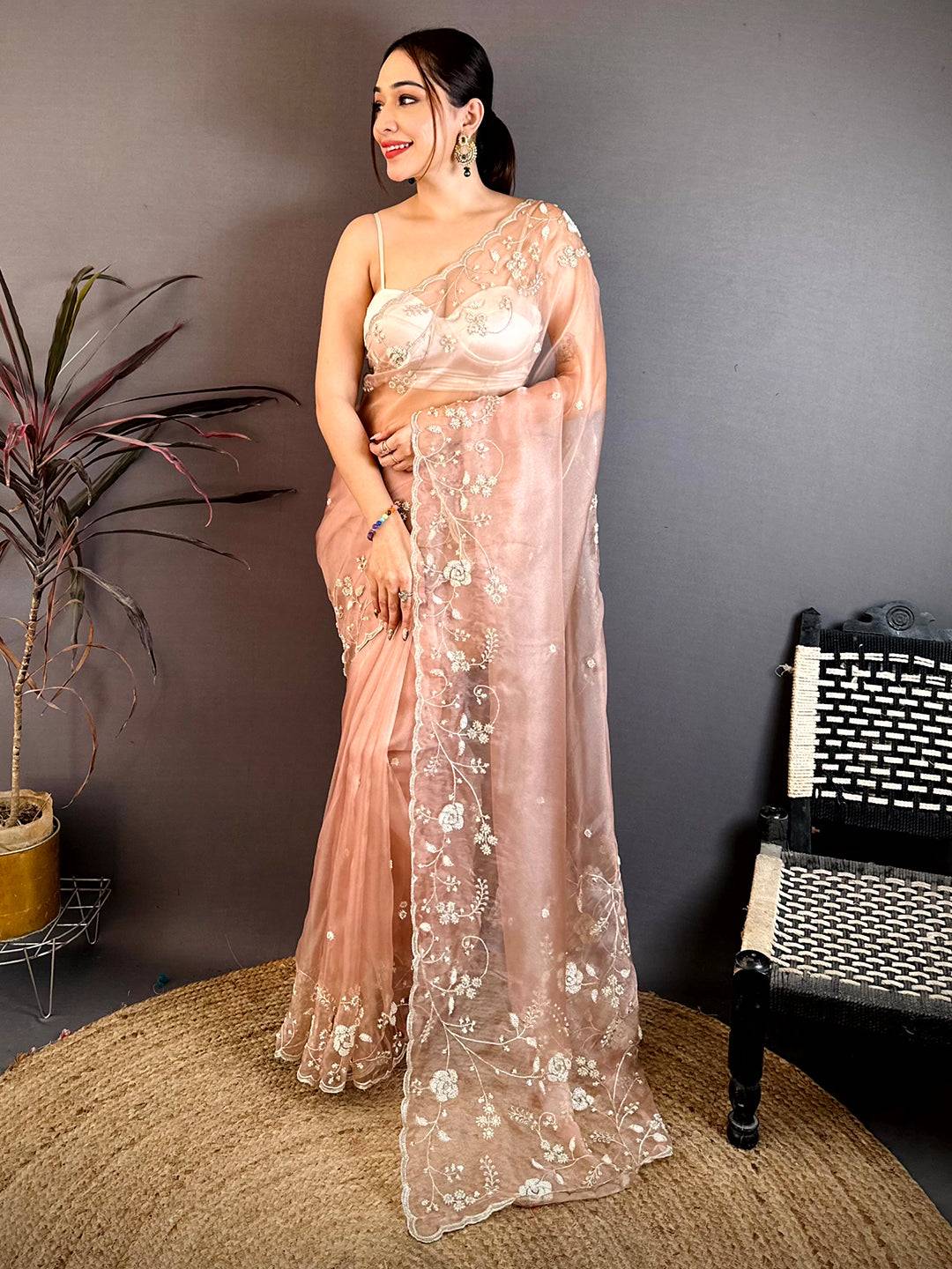 Artistic Pearl Embroidered Glass Organza Saree