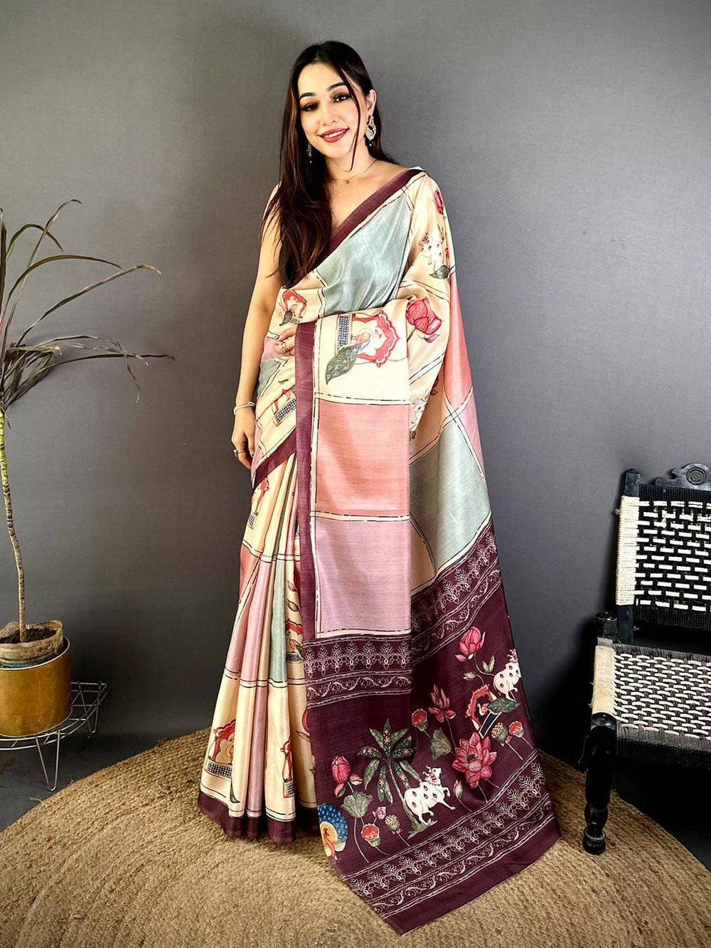 Vibrant Tussar Contrast Kalamkari Pallu Saree