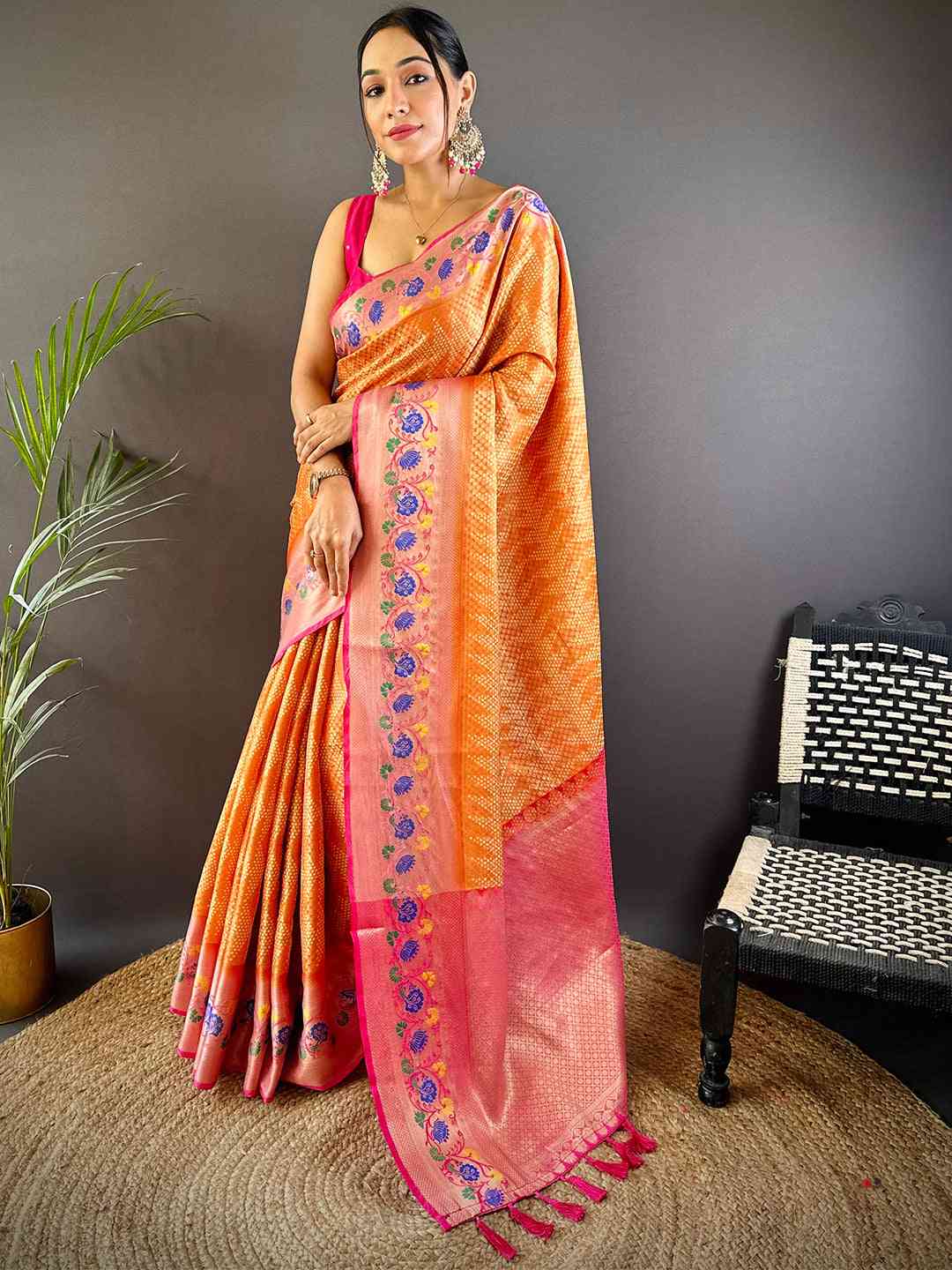 Kora Silk Banarasi Digital Print Saree In Orange Colour