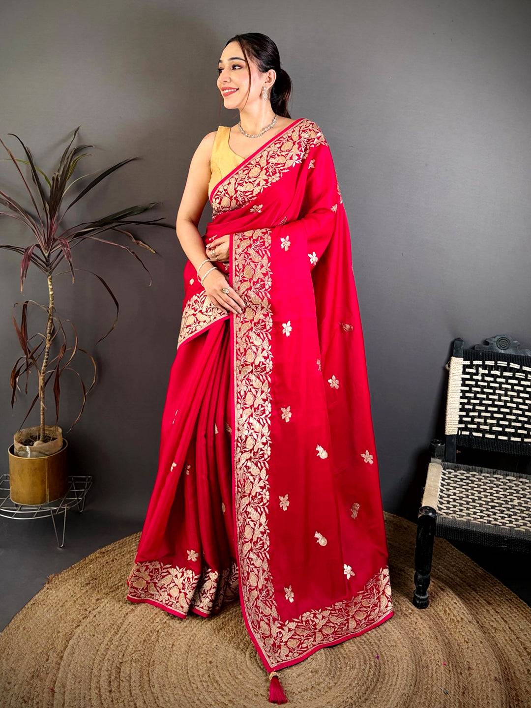 Pink Aari Bird Work Soft Satin Saree