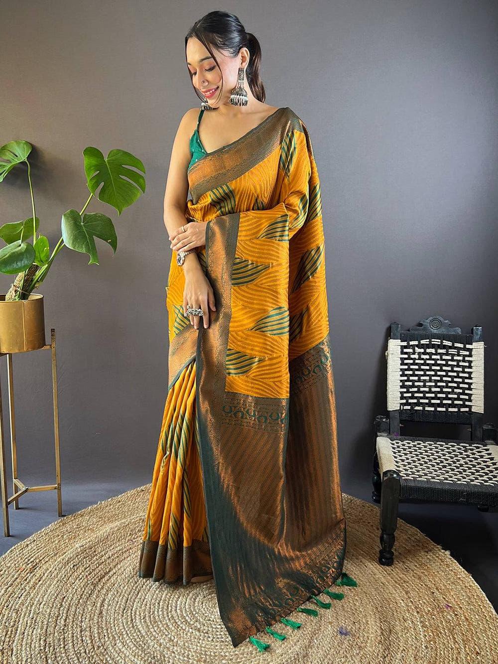 Mustard Tussar Silk Zari Weaving Ikkat Saree

