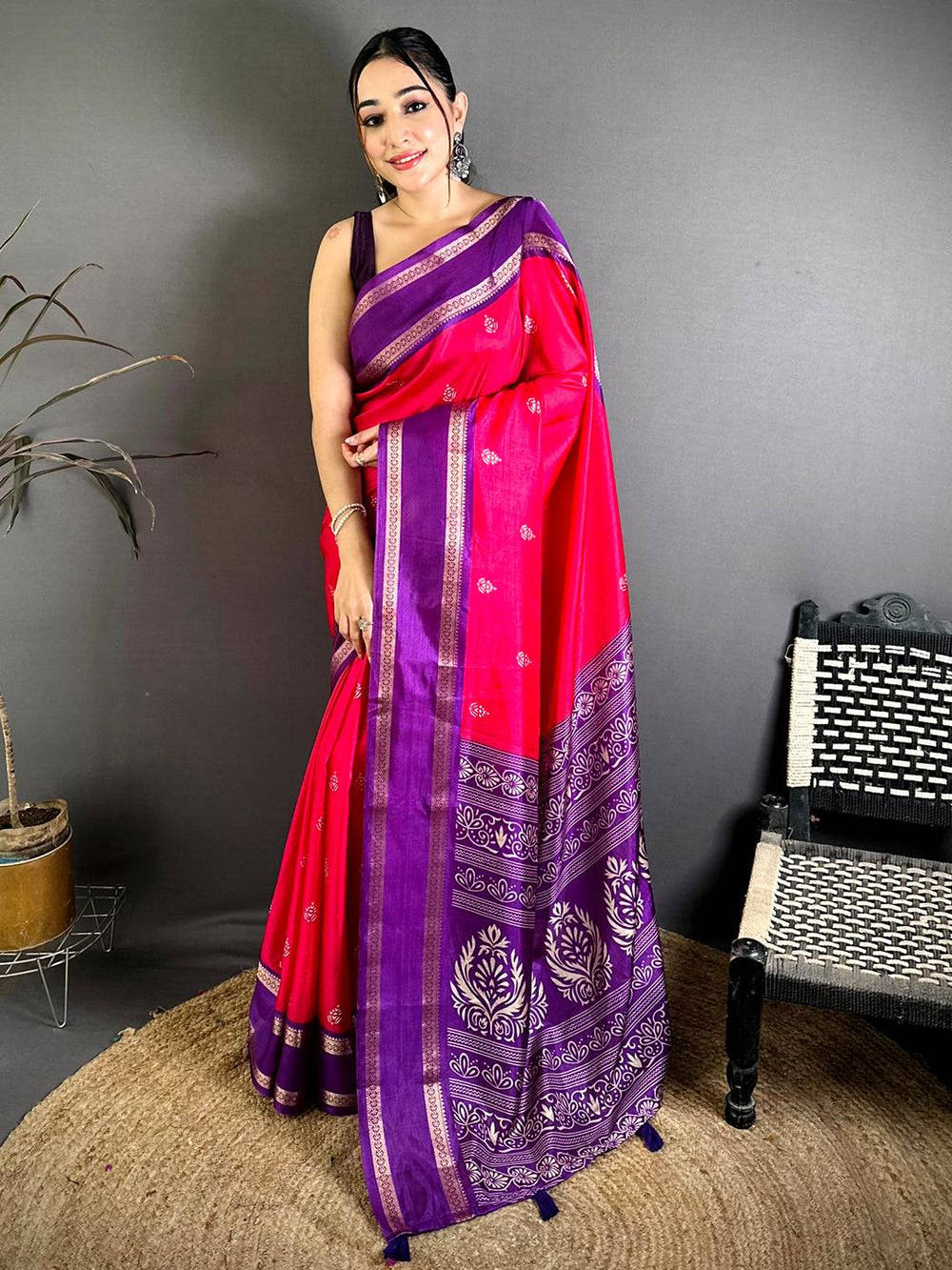 Rani Pink Soft Dola Block Print Pallu Saree
