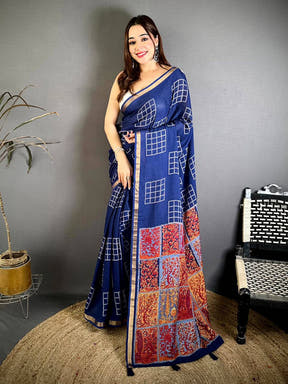 Navy Mul Cotton Kalamkari Print Pallu Saree