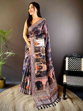 Navy Blue Tissue Chanderi Kalamkari Handprint Saree