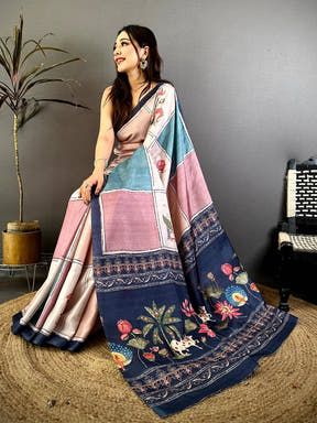 Celebrity Tussar Contrast Kalamkari Pallu Saree