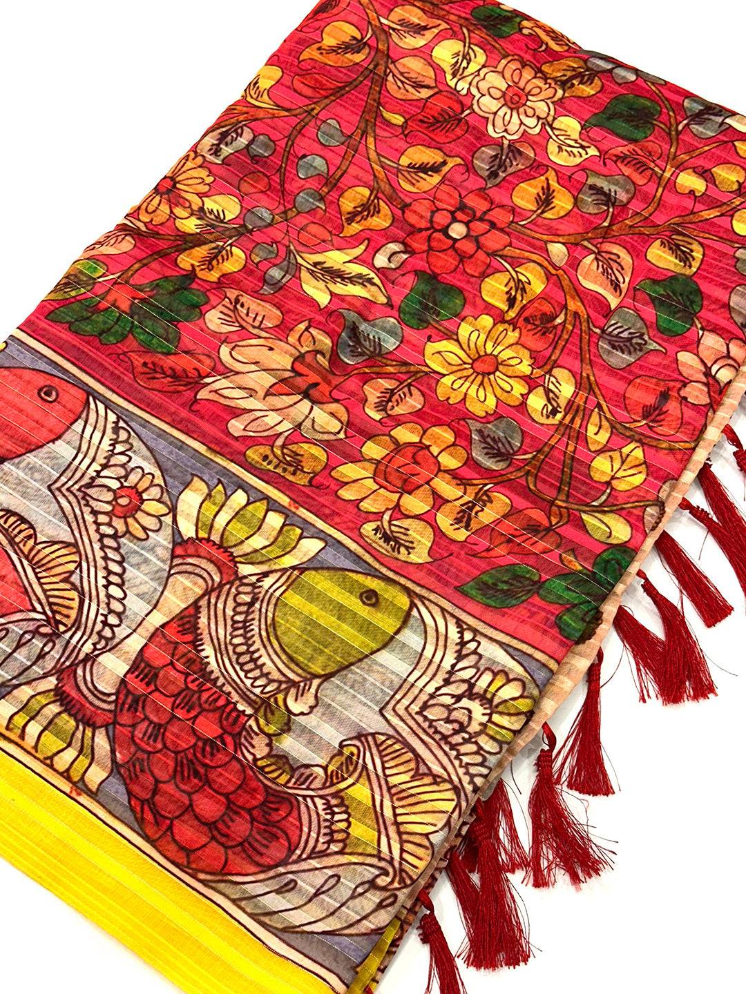 Close-up of Kalamkari print on linen saree