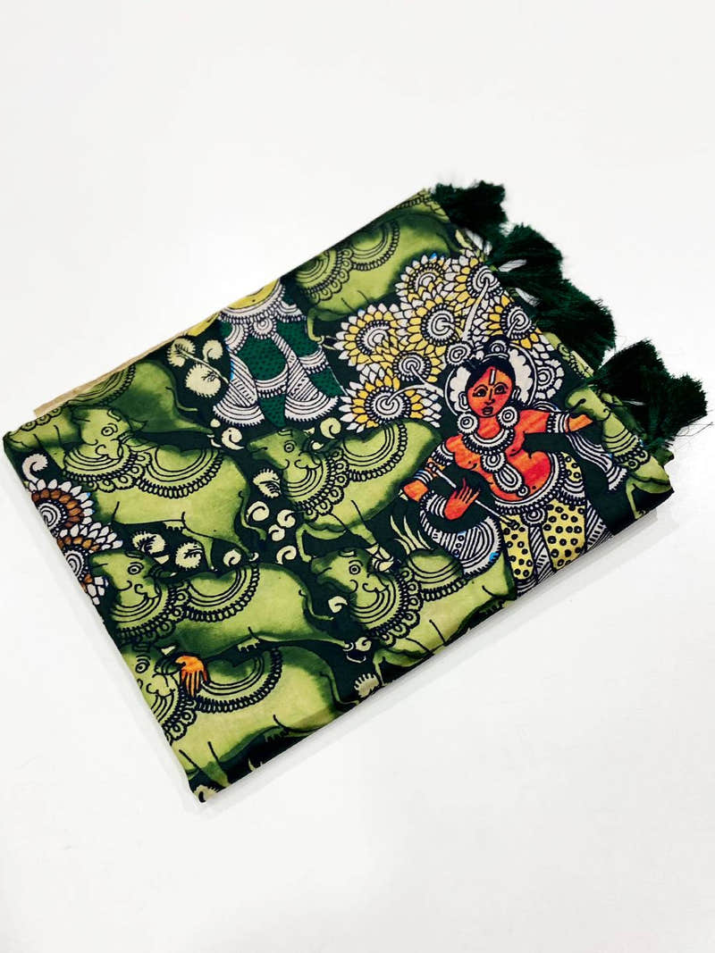 Parrot Green Kalamkari Printed Banarasi Saree