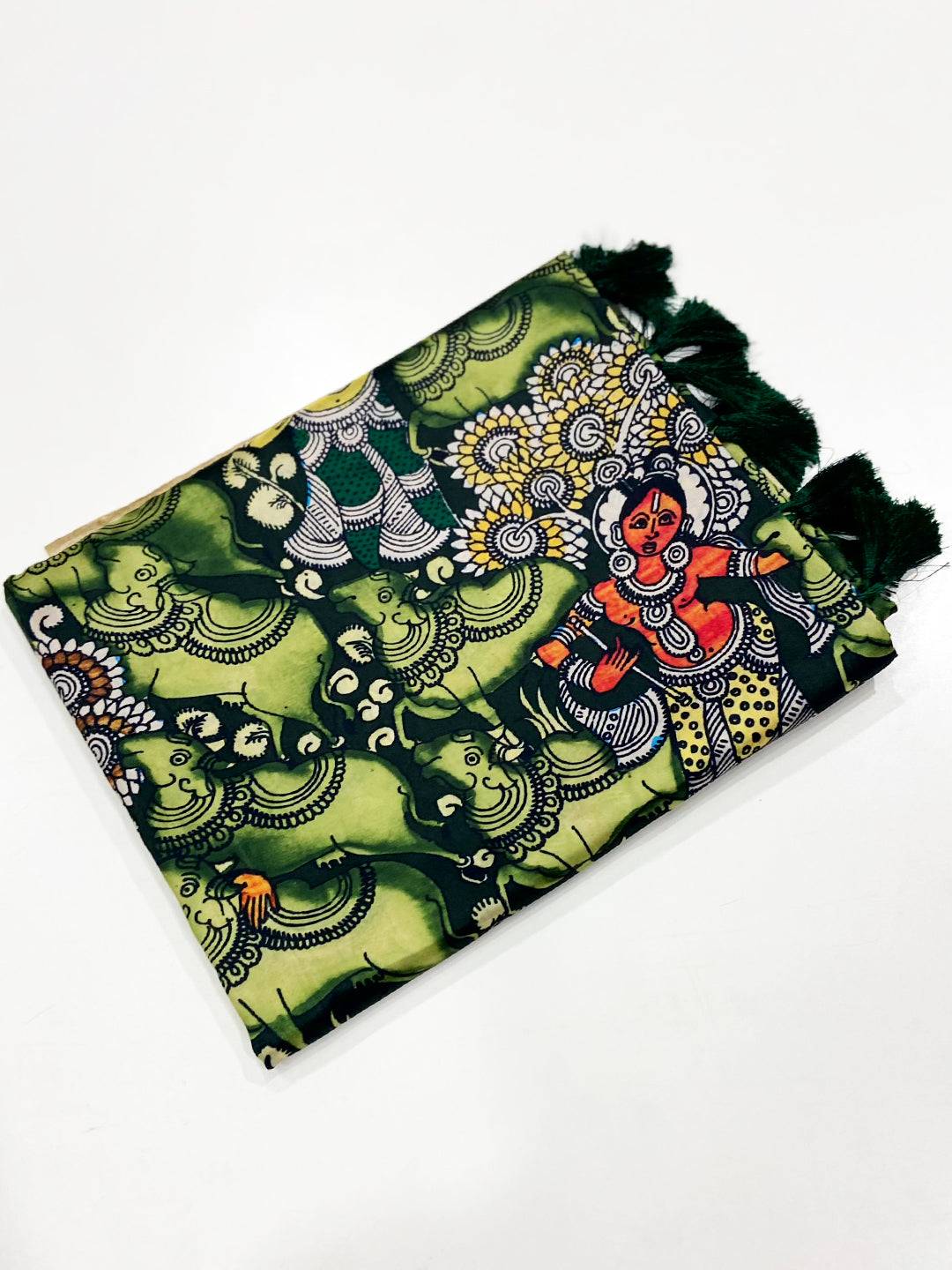 Parrot Green Kalamkari Printed Banarasi Saree