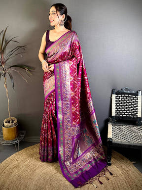 Wine Soft Semi Silk Double Ikkat Patola Saree