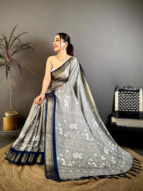 Grey Soft Dola Block Kalamkari Zari Saree