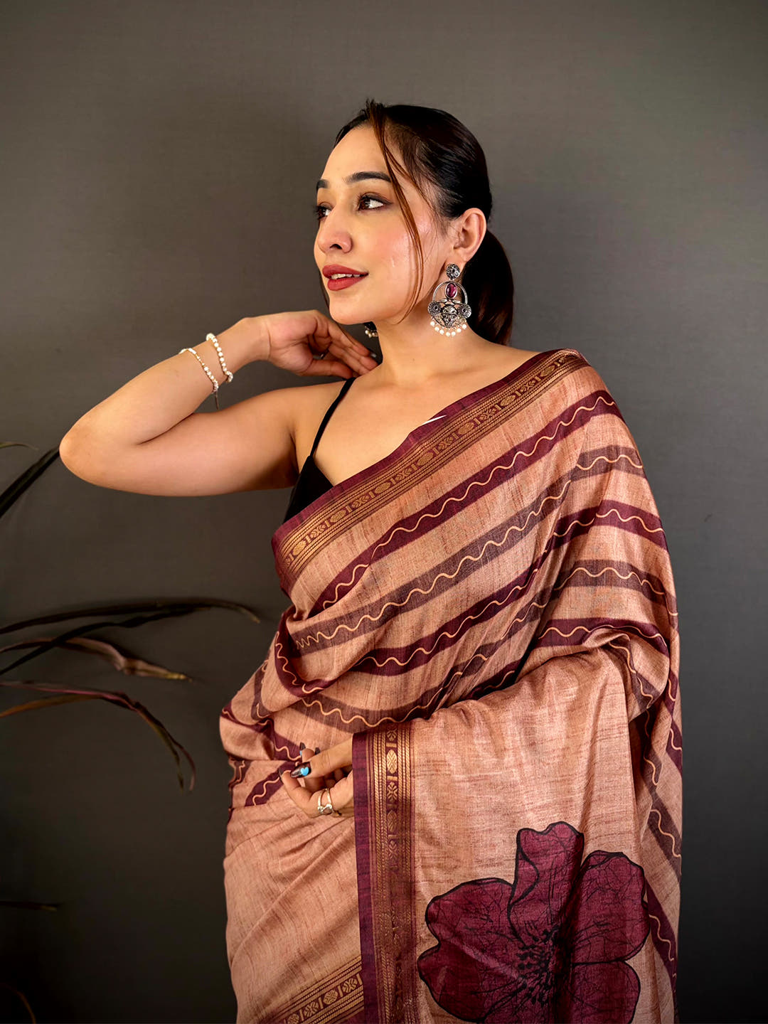 Elegant Freehand Floral Stripe Soft Silk Saree